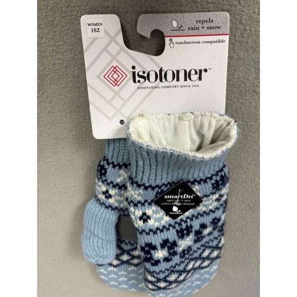 Isotoner Signature Womens Nordic Fair Isle Water Repellent Knit Mittens Blue NWT - Picture 3 of 7